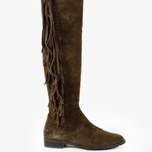 Stuart Weitzman 5050 Mane Fringe Olive Suede Leather OTK Boots - Picture 4 of 11